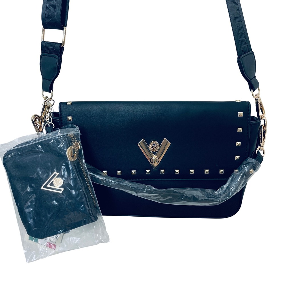 Valentino Orlandi Black Vegan Leather Studded Crossbody Bag with Wallet‎ New